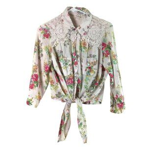 Raga Floral Tie-Front Cropped Shirt with Lace Shoulders M
